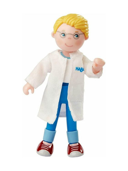 Dollhouse Doll Andreas by HABA wearing a removable white lab coat