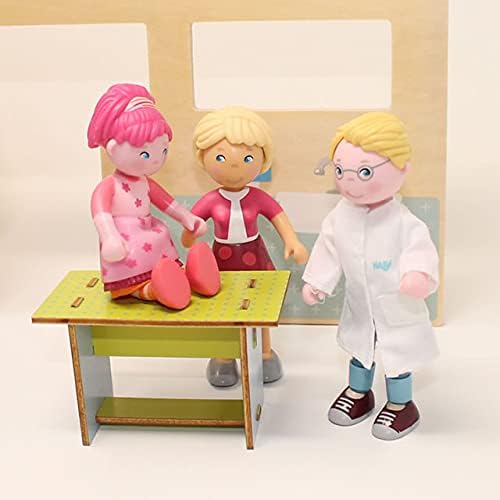 Three doll house dolls one a dad in a lab coat the second a mother and the third a girl sitting on a dollhouse sized table