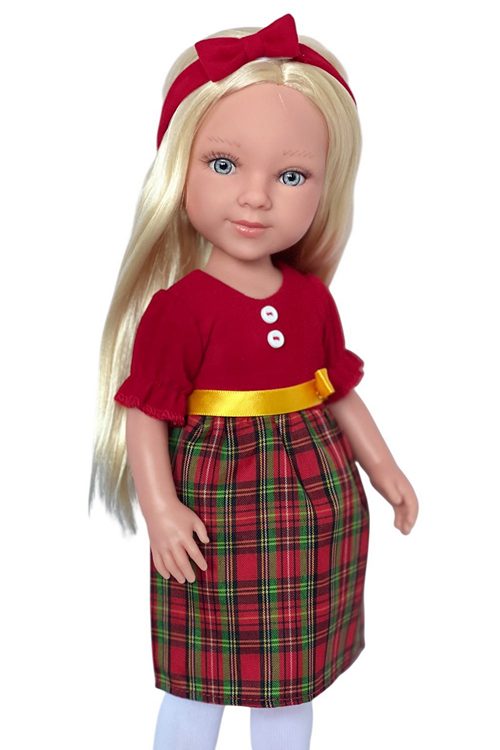 Lorelei 13.5 inch blonde companion doll in red and plaid outfit with bow headband and red shoes