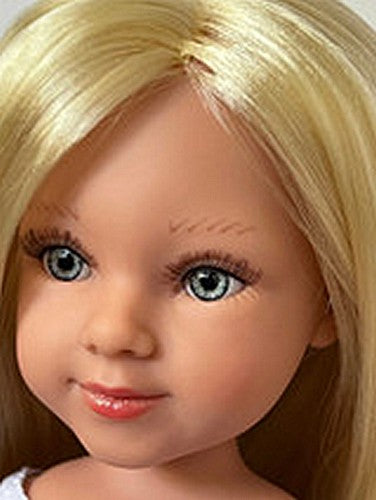 Close-up of Lorelei blonde companion doll with blue eyes, soft childlike face, and brushable hair