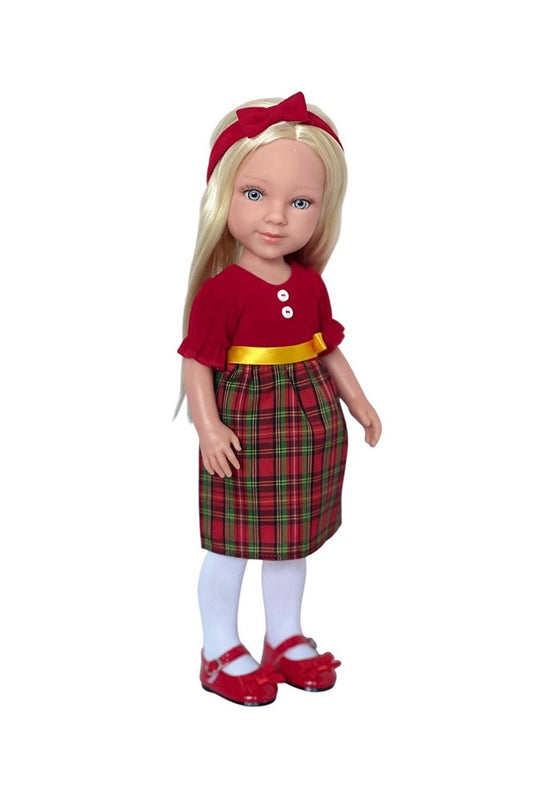 Lorelei blonde companion doll wearing a red top, plaid skirt, bow headband, white tights, and red shoes