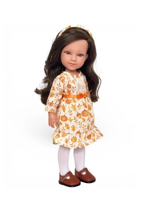 Lourdes brunette companion doll with long brown hair wearing a pumpkin print dress and brown shoes