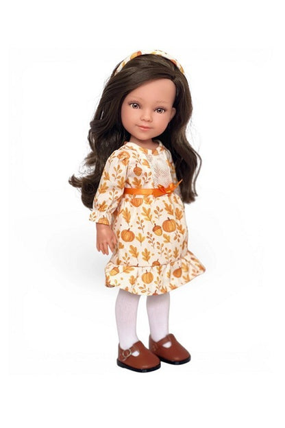 Lourdes brunette companion doll with long brown hair wearing a pumpkin print dress and brown shoes