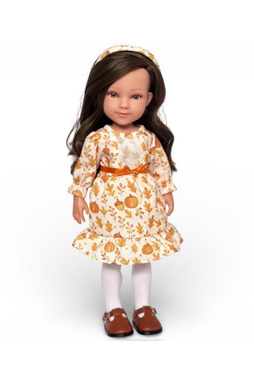 Lourdes 13.5 inch brunette companion doll wearing autumn harvest print dress with orange ribbon sash lace collar matching headband white tights and brown Mary Jane shoes