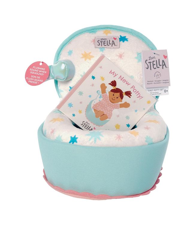 Love Stella My First Potty Set in packaging showing soft plush potty mint green star print with My New Potty board book and flushing sound hang tag