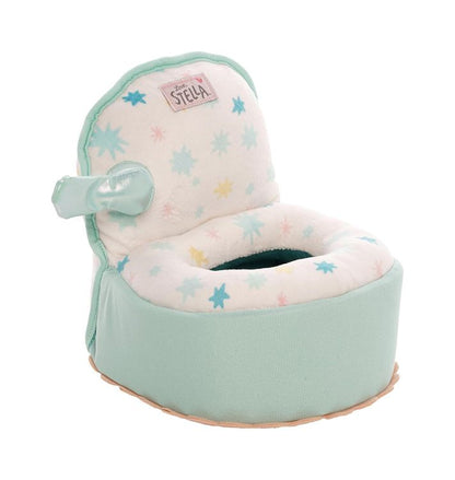 Love Stella My First Potty Set angled view showing soft mint green plush exterior star pattern seat and squeeze handle for potty training play