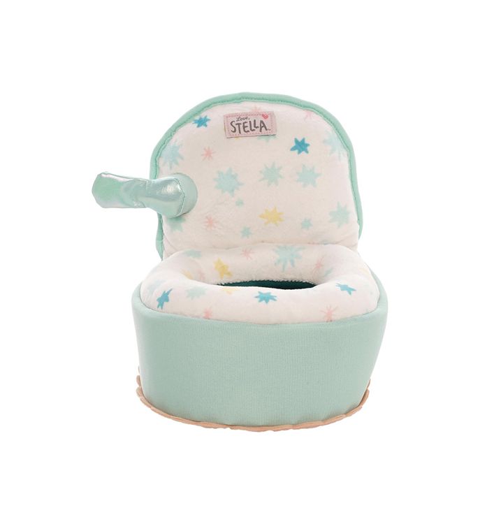 Love Stella soft plush doll potty seat front view with open lid showing colorful star pattern interior and squeeze flush handle