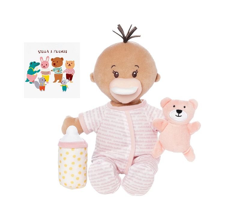 Shows The wee baby stella sleepy time baby doll set,  biracial multicultural hispanic with included accessories