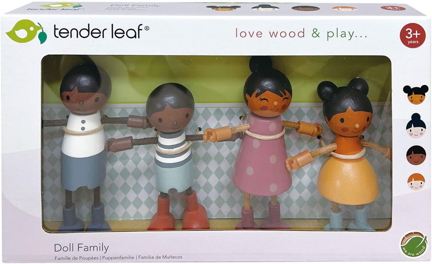 4 piece wooden black dollhouse family comes in window box package as shown