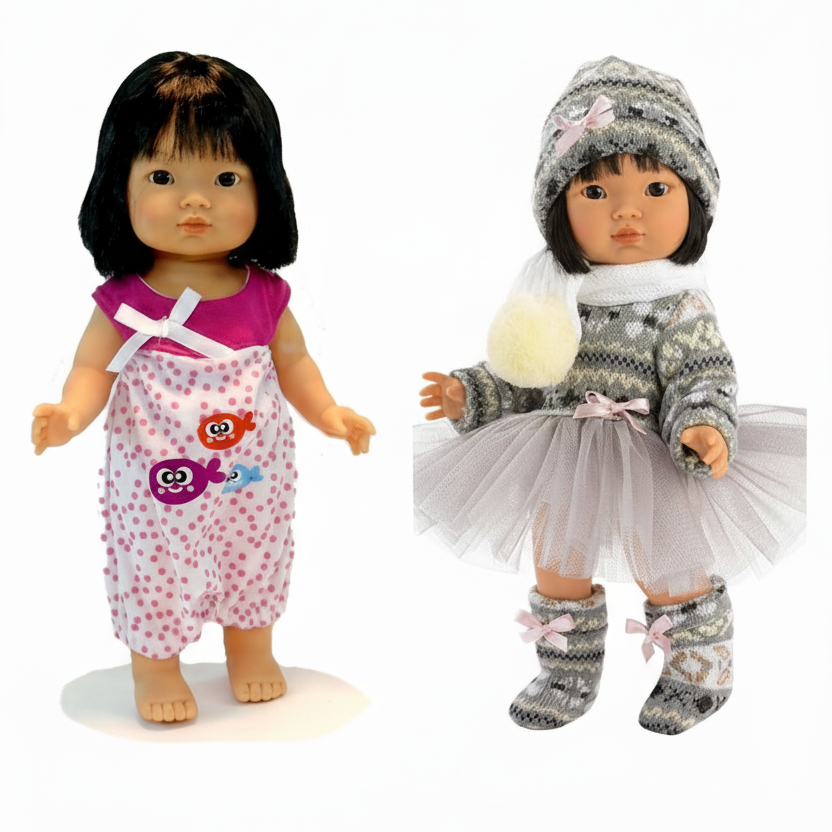 Dottie Aja Asian Doll in original dressy outfit and in pink play romper 