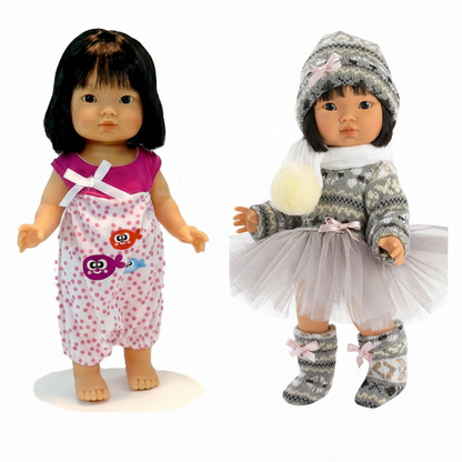 Dottie Aja Asian Doll in original dressy outfit and in pink play romper 