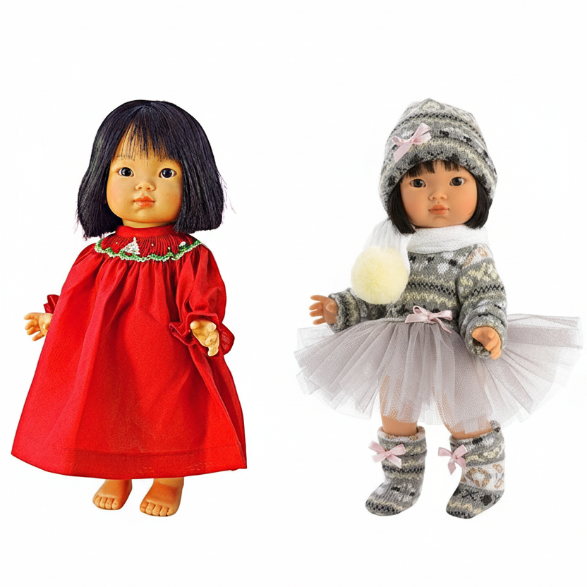 Picture of Dottie Aja doll in two outfits, one in a red holiday dress and the other in winter attire with a hat and scarf, on a white background.