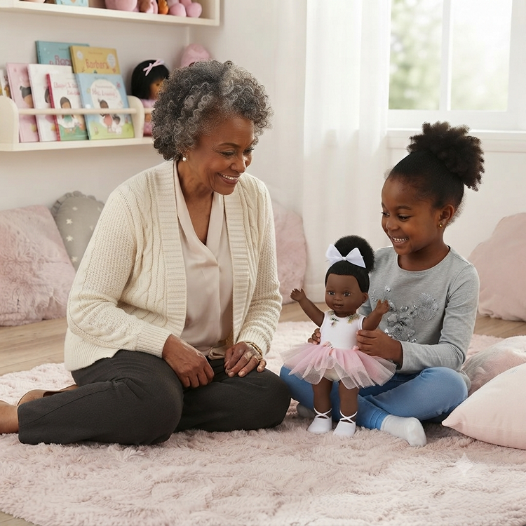 A Black grandmother and her granddaughter play with a Black Ballerina Doll