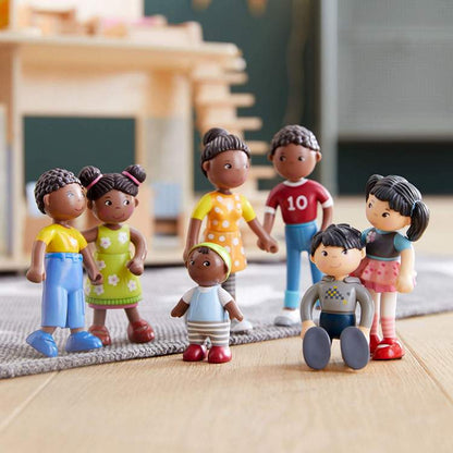 The five different Black Dollhouse dolls from HABA along with the two Asian dollhouse dolls