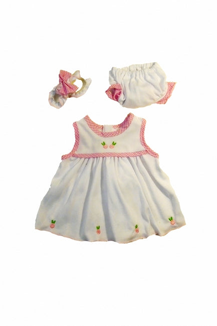 a 3 piece white knit dress trimmed in pink gingham  for 15 inch dolls