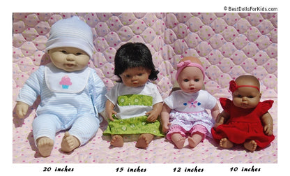 A size comparison image of four dolls from twenty inches down to ten