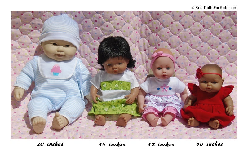 From 10 inches to 20 inches a picture of four dolls to compare sizes.