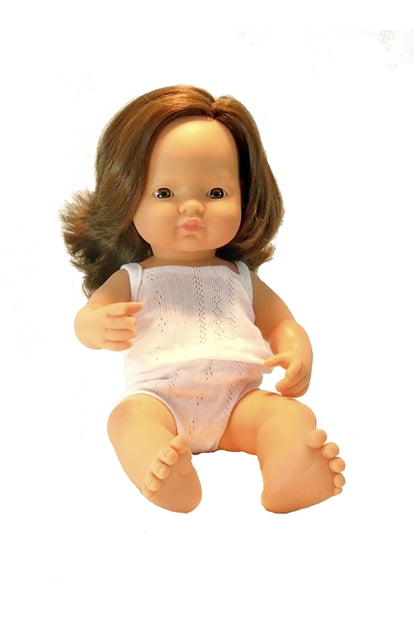 a full head of rooted brown hair on this beautiful 15 inch vinyl doll