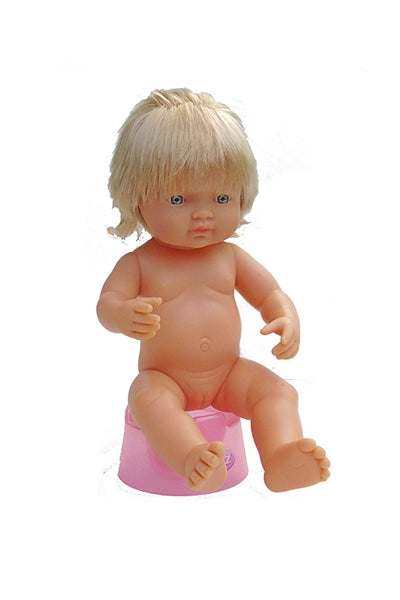 an anatomically correct blonde baby doll on a doll's potty seat