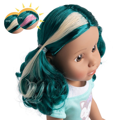 A close up of the sun activated color changing hair of the Be Bright dolls from Adora