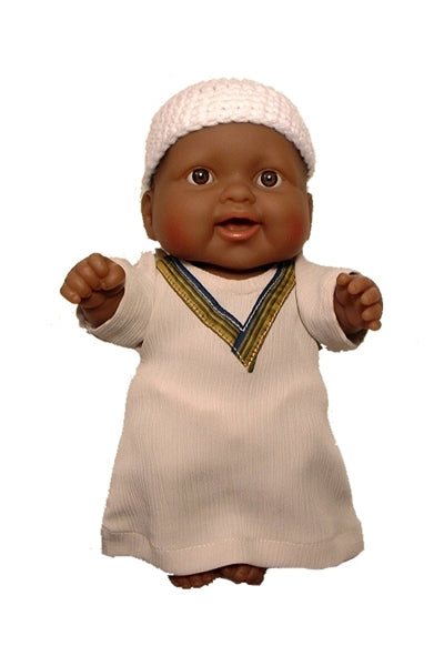 Small Black Muslim Baby Boy Doll in Kufi and Kaftan Outfit