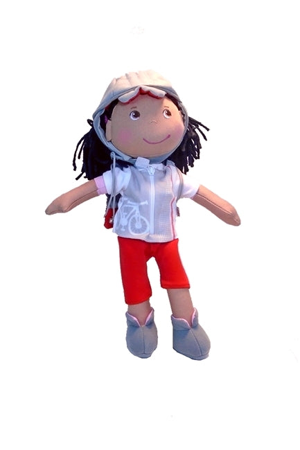 Front View of Black Girl's Rag Doll Cari in new Bike outfit by HABA