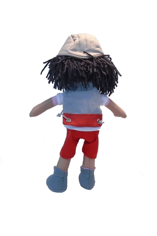 Rear view of HABA Black Girl doll Cari in bicycle outfit.