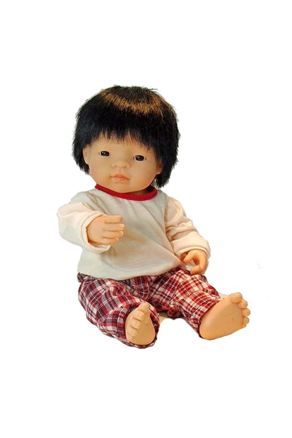 a 15 inch Asian Boy Doll by Miniland dressed in the cranberry plaid aoutfit
