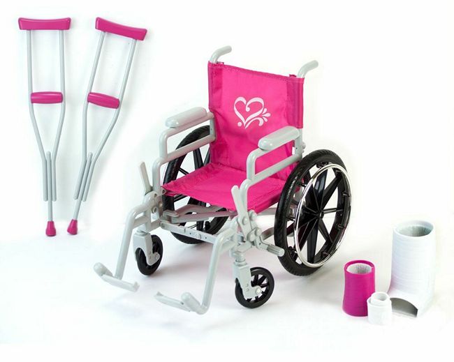 A doll's wheelchair and accessories set includes  doll's wheelchair, crutches, walking cast and bandages