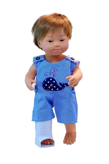 Eddie a down syndrome Boy doll in a doll's walking cast