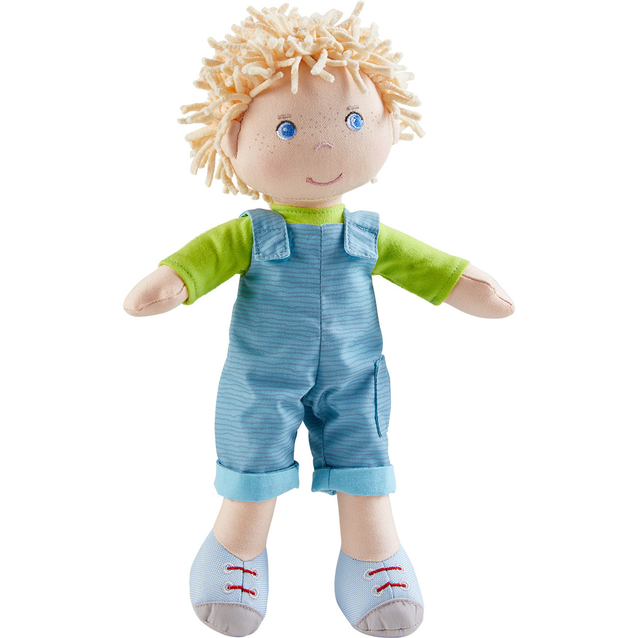A Nick Boy's Rag Doll doll from HABA in the bib overalls and long sleeve polo outfit sold separately