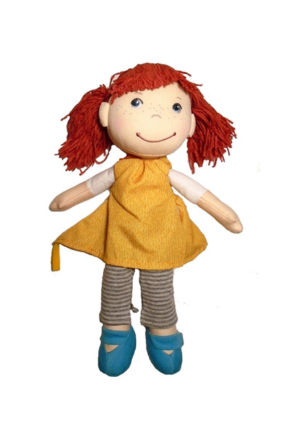 Redhead rag doll by HABA Freya, without her cap.