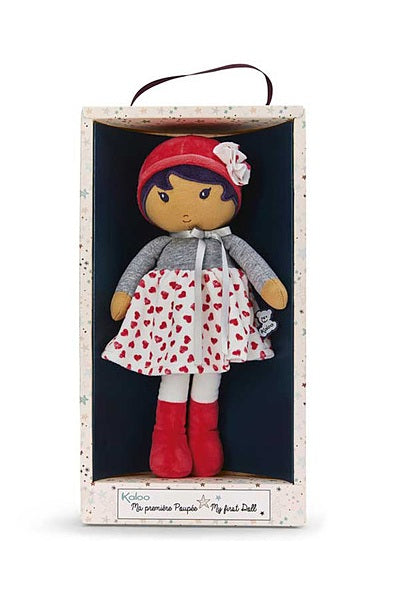 Jade, a soft cloth Asian baby's first doll shown in her box