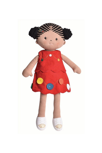 Our cornrow doll comes with two different dresses here she's shown in the red party dress