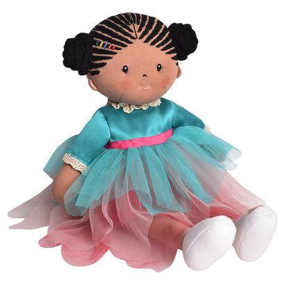 Here's kessie, our Black Rag doll with embroidered cornrows in her tutu style dress