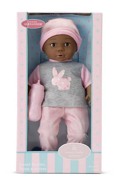Showing the standing window box packaging for Madame Alexanders Black Baby Doll Sweet Smiles
