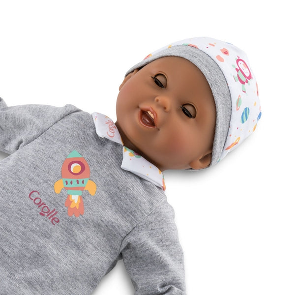Marius the new Black Baby Boy doll from Corolle has sleeping eyes