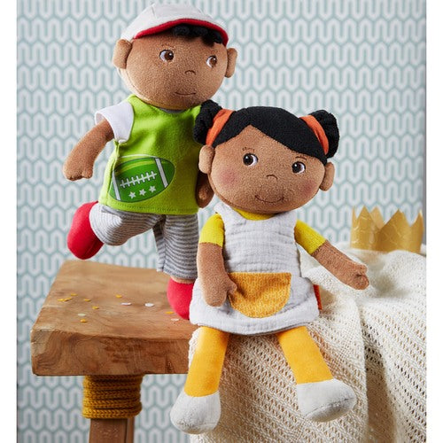 Showing two HABA rag dolls for Black or Brown children both a boy and girl version