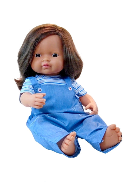 15 inch Miniland Educational Brunet Girl Doll in coveralls