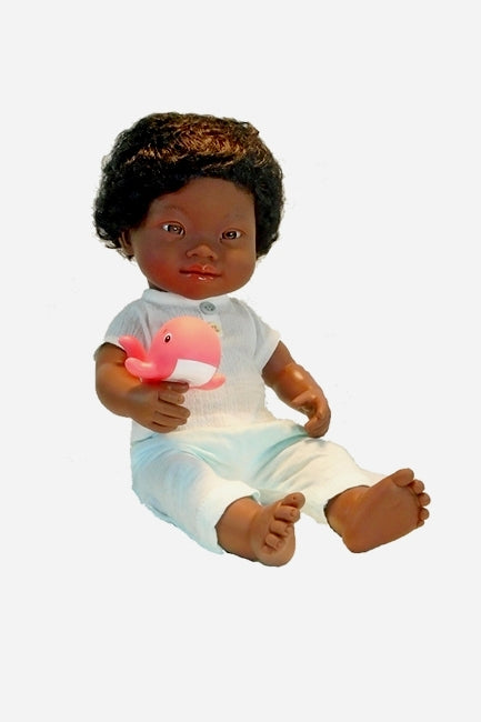  15 inch black boy doll in a 15 inch summer weight boy doll's slack set from miniland educational