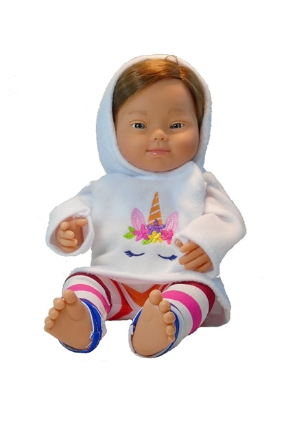 For 15 inch Dolls: Unicorn Fleece Hoodie with Rainbow Striped Leggings