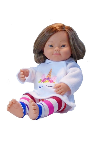 Cheryl our down syndrome doll shown in fleece unicorn hoodie and leggings.