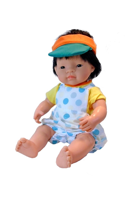 Asian Boy doll 15 inches dressed in romper over tee shirt 