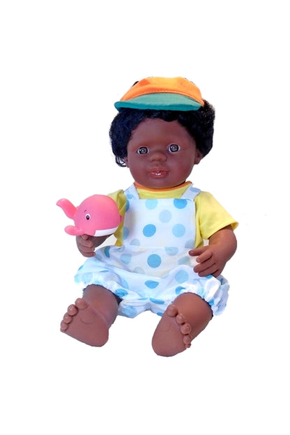 15 inch Black Boy doll in romper coveralls doll's outfit