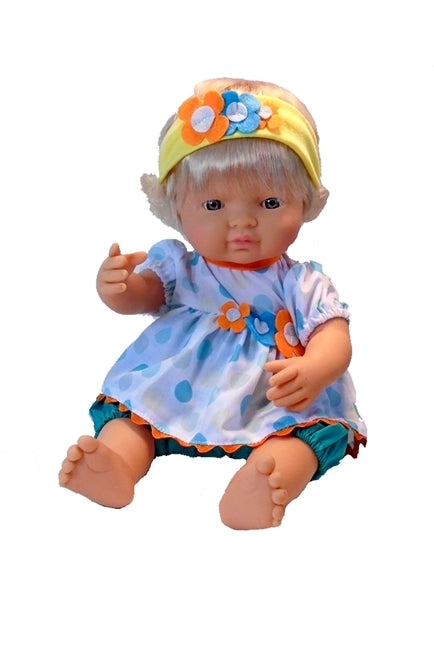 blonde and blue eyed toddler doll with hair to brush.