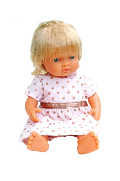 Beautiful 15 inch blnde baby doll for girls in empire waist polka dot dress
