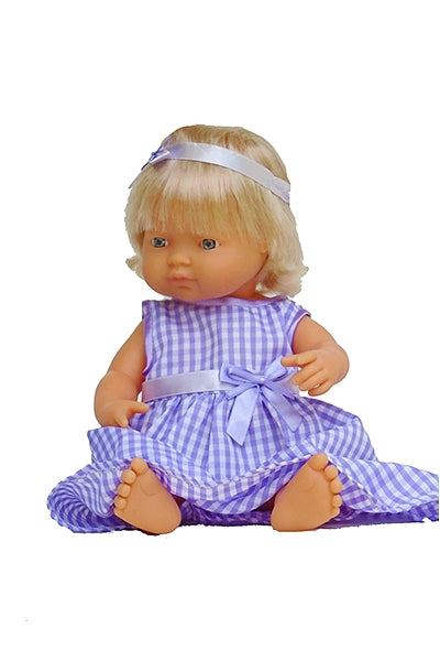 Emma, our 15 inch vinyl doll by Miniland Educational dressed in the pretty Lavender and Gingham dress