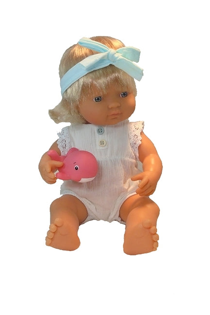 Miniland educational blonde 15 inch doll modeling Miniland summer romper