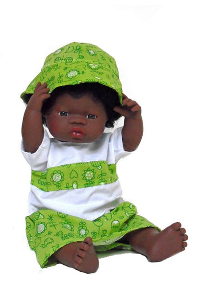 Poseable Black Doll 15 inch size in 3 piece green doll's outfit