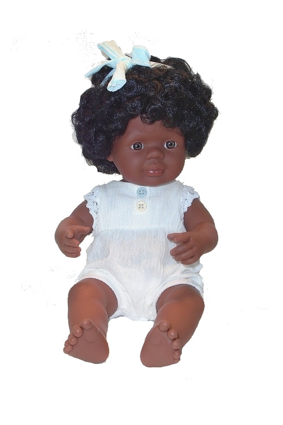 Miniland educational 15 inch black girl doll in new one piece summer romper with bow
